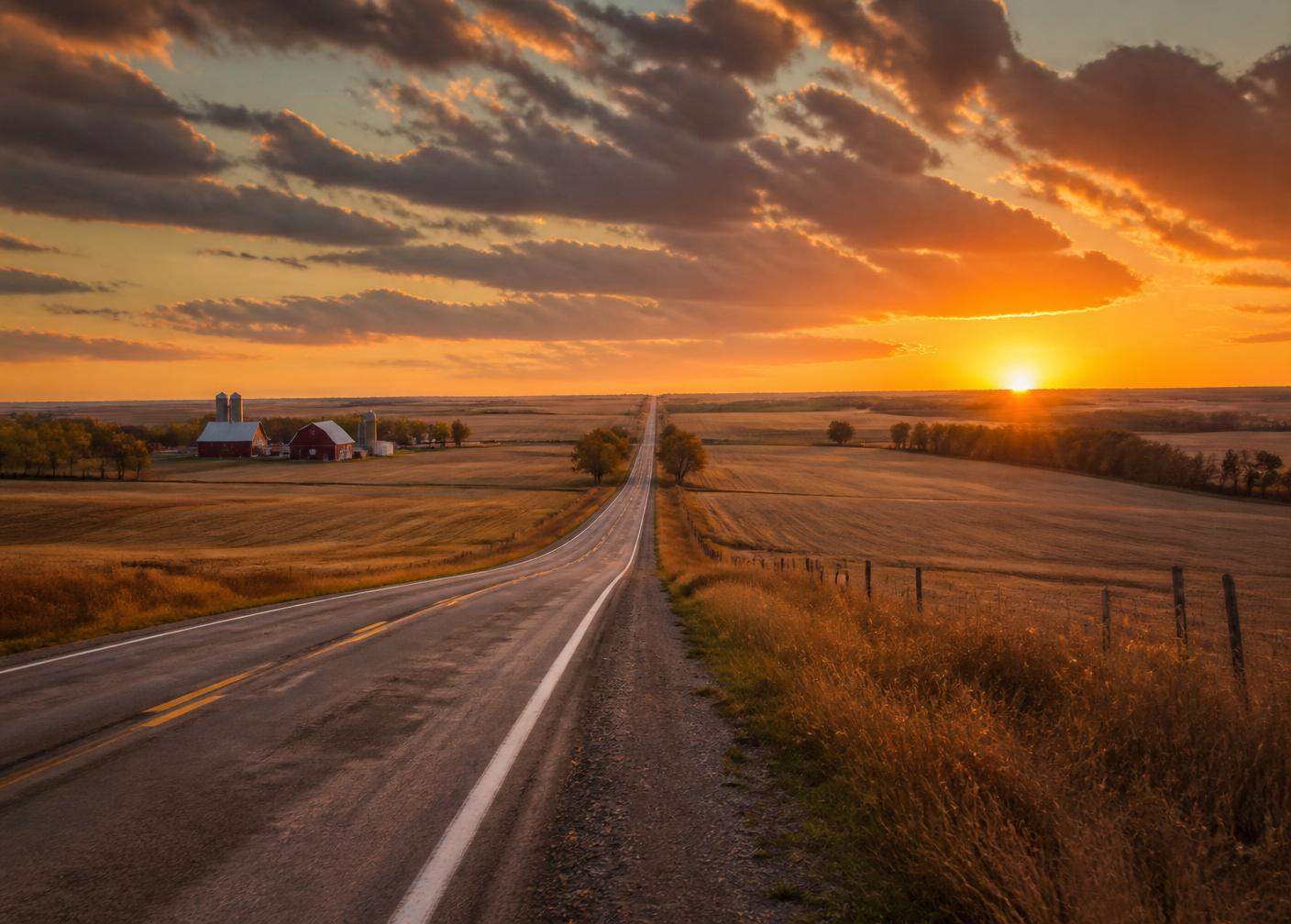 Rural Oklahoma highway through farmland at sunset